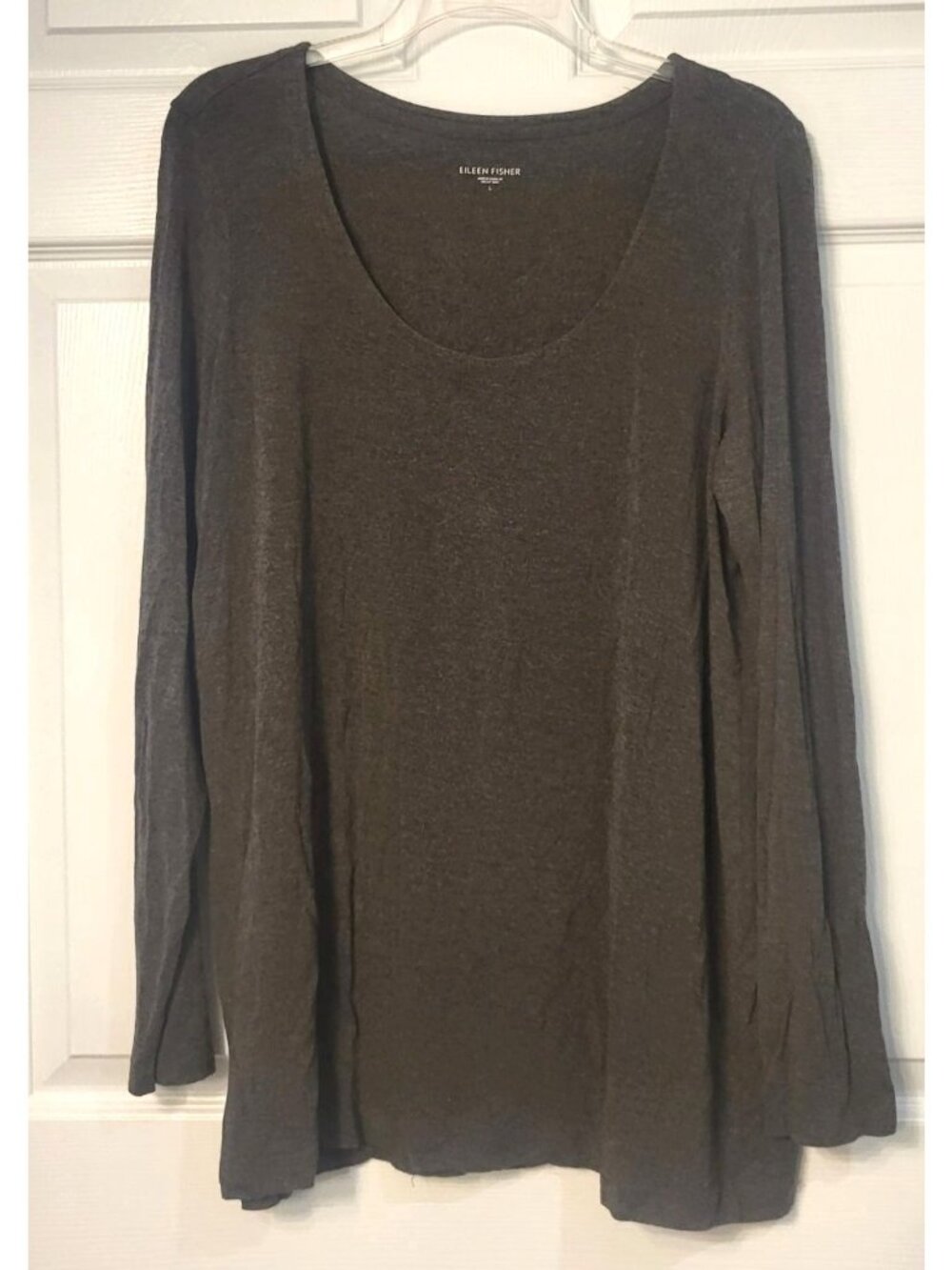 Womens Eileen Fisher Brown Scoop Neck Long Sleeve Blouse L